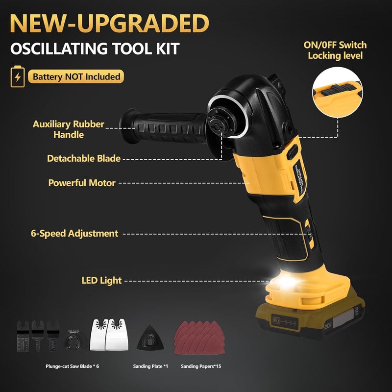 Labfintom Cordless Oscillating Tool, Brushless Orbiting Tool Compatible with De-Walt 20V Battery, 23 PCS Multi-Tool Kit with Auxiliary Handle for Cutting, Scraping, Sanding, 6 Variable Speed (Tools Only) - Image 2